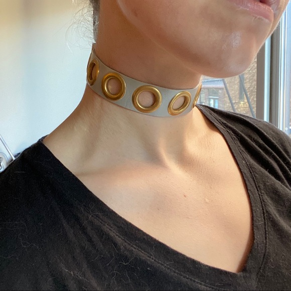 Beige and Gold Eyelet Buckle Collar Choker - Picture 2 of 4
